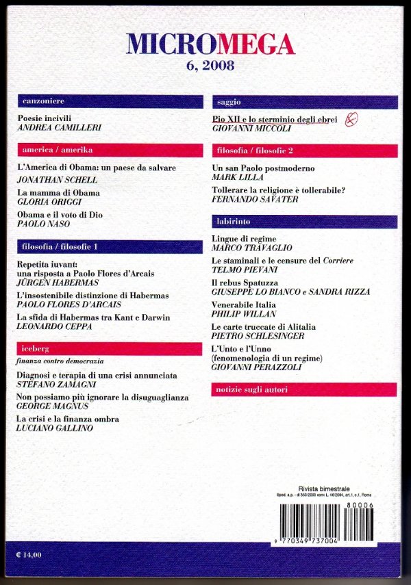 MicroMega n. 6/2008 di A. Camilleri, J. Schell, G. Origgi, P. Naso, J. Habermas, P. Flores d’Arcais, L. Ceppa, S. Zamagni, G. Magnus, L. Gallino, G. Miccoli, M. Lilla, F. Savater, M. Travaglio, T. Pievani, G. Lo Bianco, S. Rizza, P. Willan, P. Schlesinger, G. Perazzoli