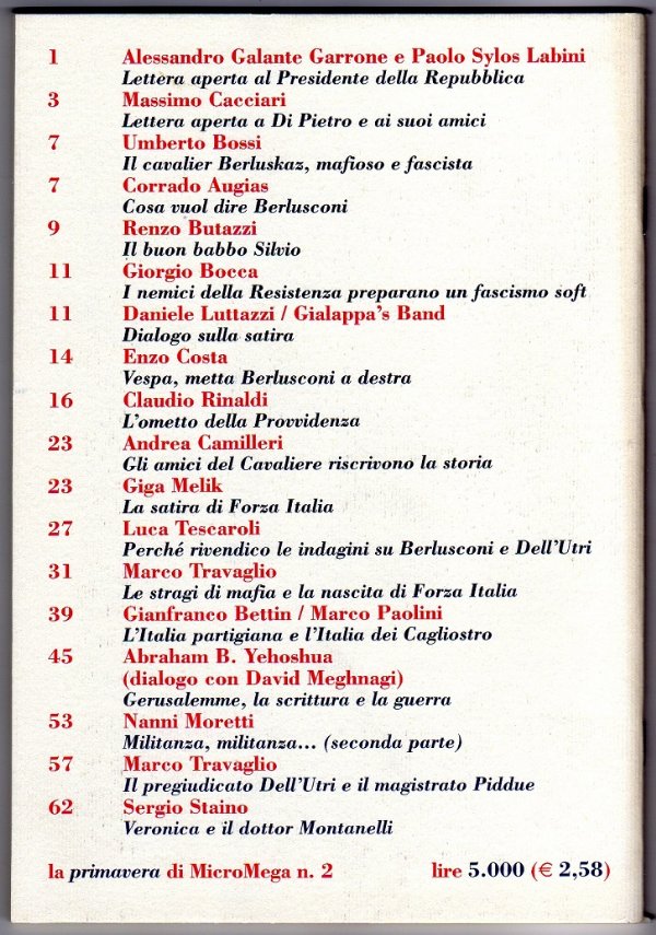 la PRIMAVERA di MicroMega n. 2/2001 (-4) — ⭐COME NUOVO⭐ di A. Galante Garrone P. Sylos Labini M. Cacciari U. Bossi C. Augias R. Butazzi G. Bocca D. Luttazzi Gialappa’s Band E. Costa C. Rinaldi A. Camilleri G. Melik L. Tescaroli M. Travaglio G. Bettin M. Paolini A. B. Yehoshua D. Meghnagi N. Moretti S. Staino